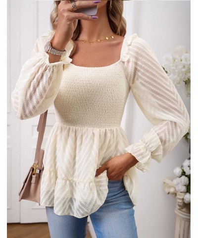 Square Neck Tops for Women Puff Long Sleeve Smocked Ruffle Hem Peplum Tops Tunic Blouse Apricot $14.99 Blouses