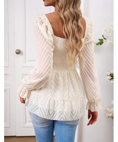 Square Neck Tops for Women Puff Long Sleeve Smocked Ruffle Hem Peplum Tops Tunic Blouse Apricot $14.99 Blouses