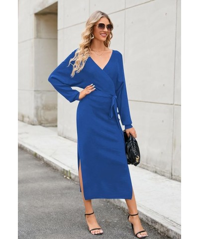 Women's Long Sleeve Sweater Dress 2023 Fall Winter Dress V Neck Wrap Knit Dress with Belt Sapphire Blue $30.77 Sweaters