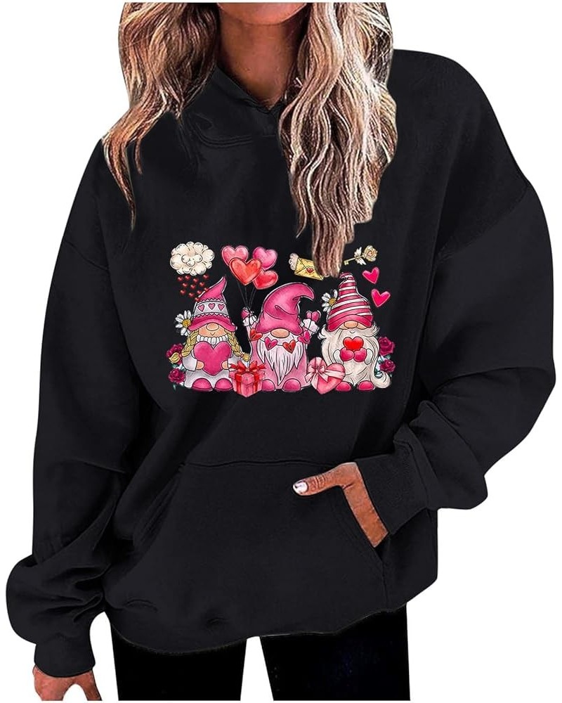 Valentines Day Sweatshirts for Women Red Heart Gnome Printed Long Sleeve Hoodies Cute Valentines Clothes A02-black $9.59 Acti...