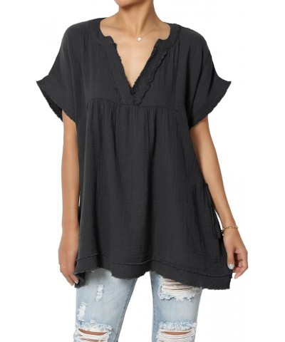 Women's Casual Loose Short Sleeve V Neck Cotton Gauze Babydoll Shirt Blouse Top Black $13.33 Blouses