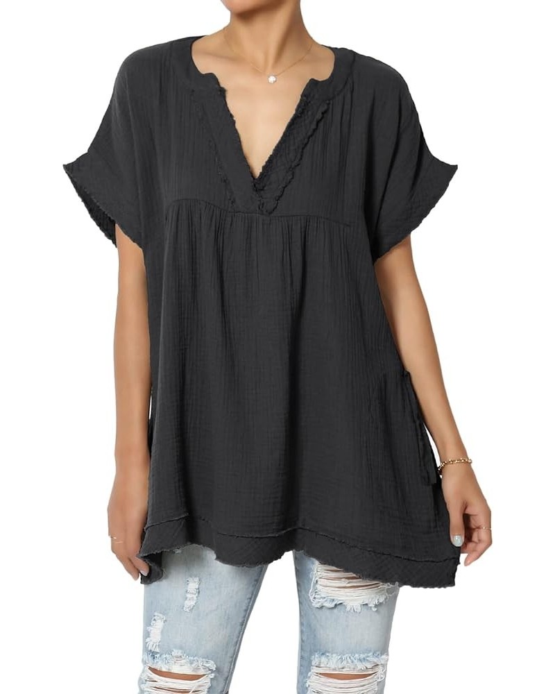 Women's Casual Loose Short Sleeve V Neck Cotton Gauze Babydoll Shirt Blouse Top Black $13.33 Blouses