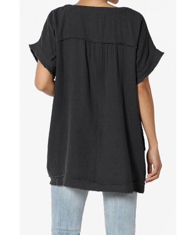 Women's Casual Loose Short Sleeve V Neck Cotton Gauze Babydoll Shirt Blouse Top Black $13.33 Blouses