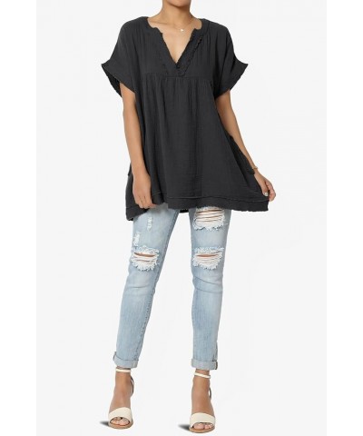 Women's Casual Loose Short Sleeve V Neck Cotton Gauze Babydoll Shirt Blouse Top Black $13.33 Blouses