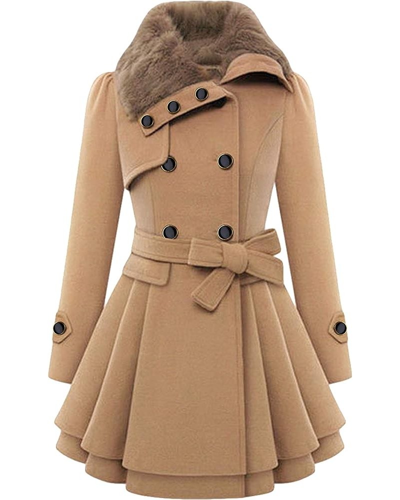 Women's Lapel Pleated Coats Bow Tie Belted Jacket Long Sleeve Button Winter Tweed Coats Khaki $22.05 Jackets