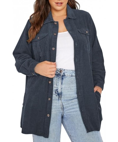 Womens Plus Size Long Sleeve Button Down Boyfriend Shirts Casual Plaid Shacket Jacket Coats(1X-5X) B Navy Blue $22.50 Tops