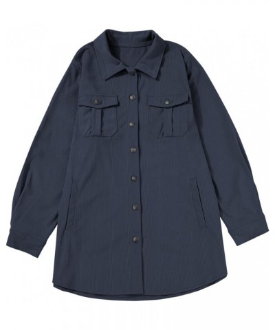 Womens Plus Size Long Sleeve Button Down Boyfriend Shirts Casual Plaid Shacket Jacket Coats(1X-5X) B Navy Blue $22.50 Tops