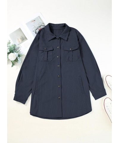 Womens Plus Size Long Sleeve Button Down Boyfriend Shirts Casual Plaid Shacket Jacket Coats(1X-5X) B Navy Blue $22.50 Tops