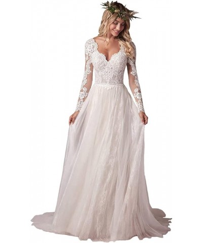Beach Wedding Dress Long Sleeves Round Neck Lace Wedding Gowns Ivory-style3 $54.27 Dresses