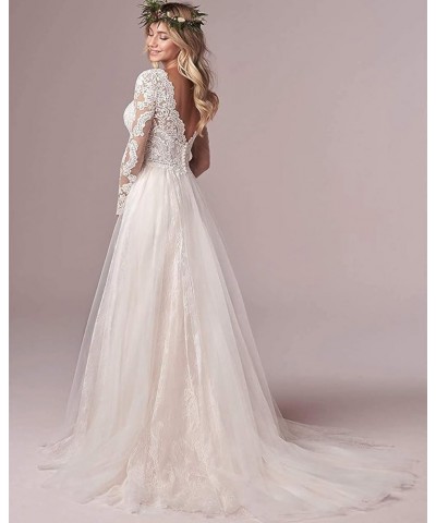 Beach Wedding Dress Long Sleeves Round Neck Lace Wedding Gowns Ivory-style3 $54.27 Dresses