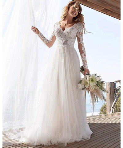 Beach Wedding Dress Long Sleeves Round Neck Lace Wedding Gowns Ivory-style3 $54.27 Dresses