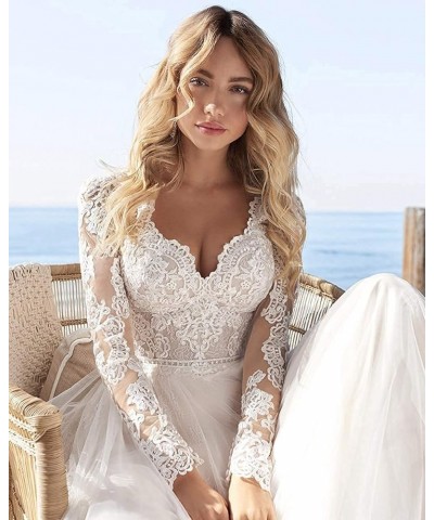 Beach Wedding Dress Long Sleeves Round Neck Lace Wedding Gowns Ivory-style3 $54.27 Dresses