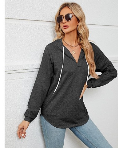 2 Pack Women Long Sleeve V Neck Hoodies Drawstring Loose Fit Hooded Tops Casual Solid Color Pullover Sweatshirts Dark Gray, B...