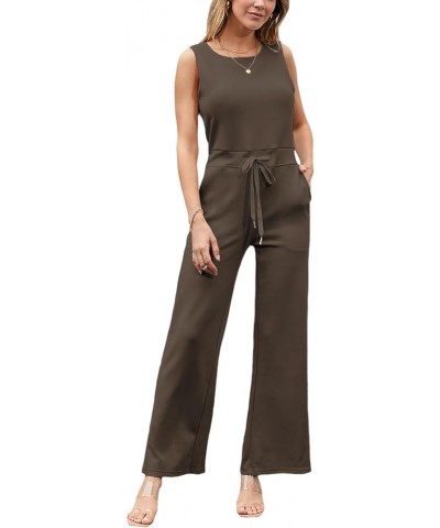 Womens Casual Air Essentials Jumpsuit Sleeveless Belted Wide Leg pants Romper Khaki $16.81 Jumpsuits