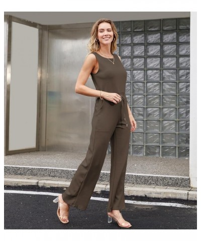 Womens Casual Air Essentials Jumpsuit Sleeveless Belted Wide Leg pants Romper Khaki $16.81 Jumpsuits