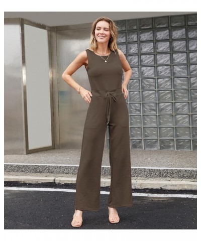 Womens Casual Air Essentials Jumpsuit Sleeveless Belted Wide Leg pants Romper Khaki $16.81 Jumpsuits