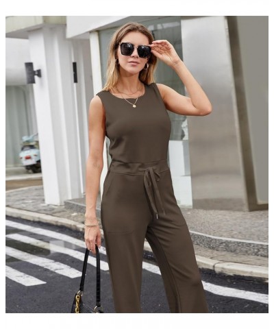 Womens Casual Air Essentials Jumpsuit Sleeveless Belted Wide Leg pants Romper Khaki $16.81 Jumpsuits