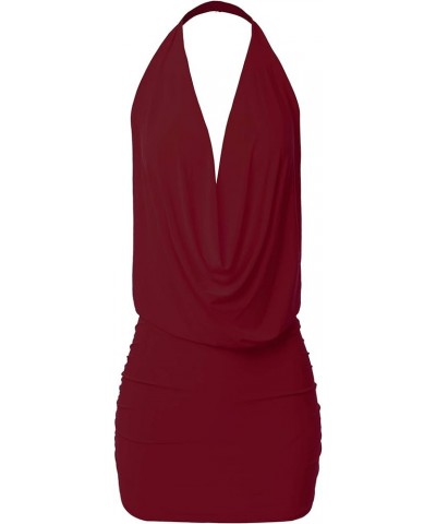 Women's Deep Sexy V-Neck Halter Backless Party Club Mini Dress (S-3XL) Burgundy $12.38 Dresses