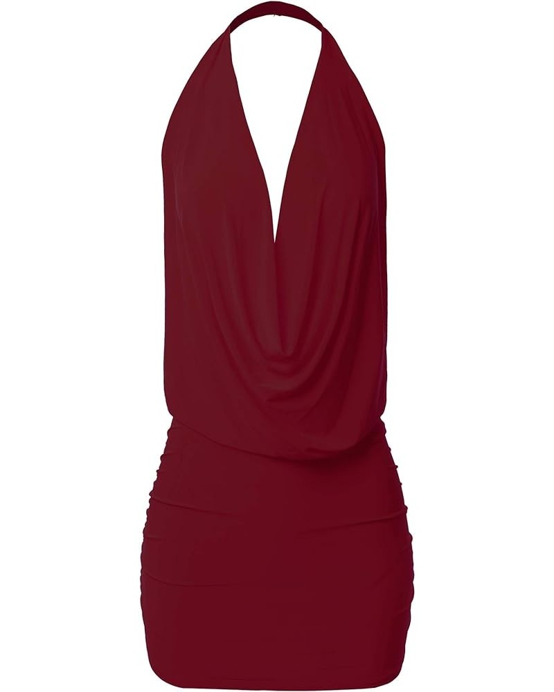 Women's Deep Sexy V-Neck Halter Backless Party Club Mini Dress (S-3XL) Burgundy $12.38 Dresses