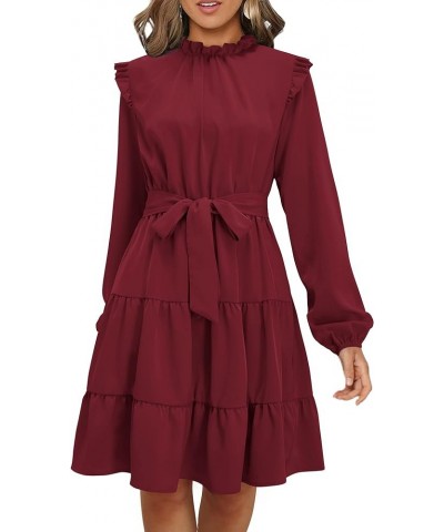 Women's Long Sleeve Ruffle Mock Neck Casual Short Mini Swing Dress with Belt Burgundy $13.24 Dresses