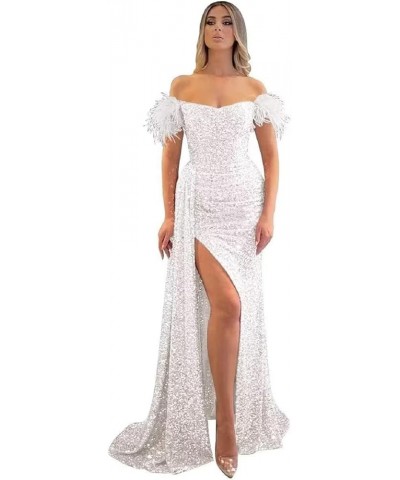 Women's Sequin Mermaid Long Feather Prom Dress 2023 Backless Formal Party Dress White $34.40 Dresses