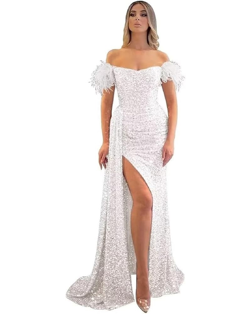 Women's Sequin Mermaid Long Feather Prom Dress 2023 Backless Formal Party Dress White $34.40 Dresses