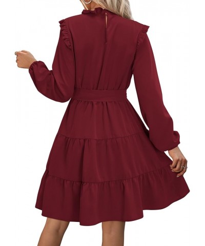 Women's Long Sleeve Ruffle Mock Neck Casual Short Mini Swing Dress with Belt Burgundy $13.24 Dresses