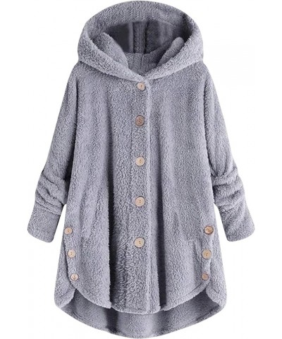 Womens Fall Fashion 2023 Oversized Open Front Hooded Cardigan Teddy Fleece Solid Colour Button Coat Fuzzy Sherpa Jackets 01-g...