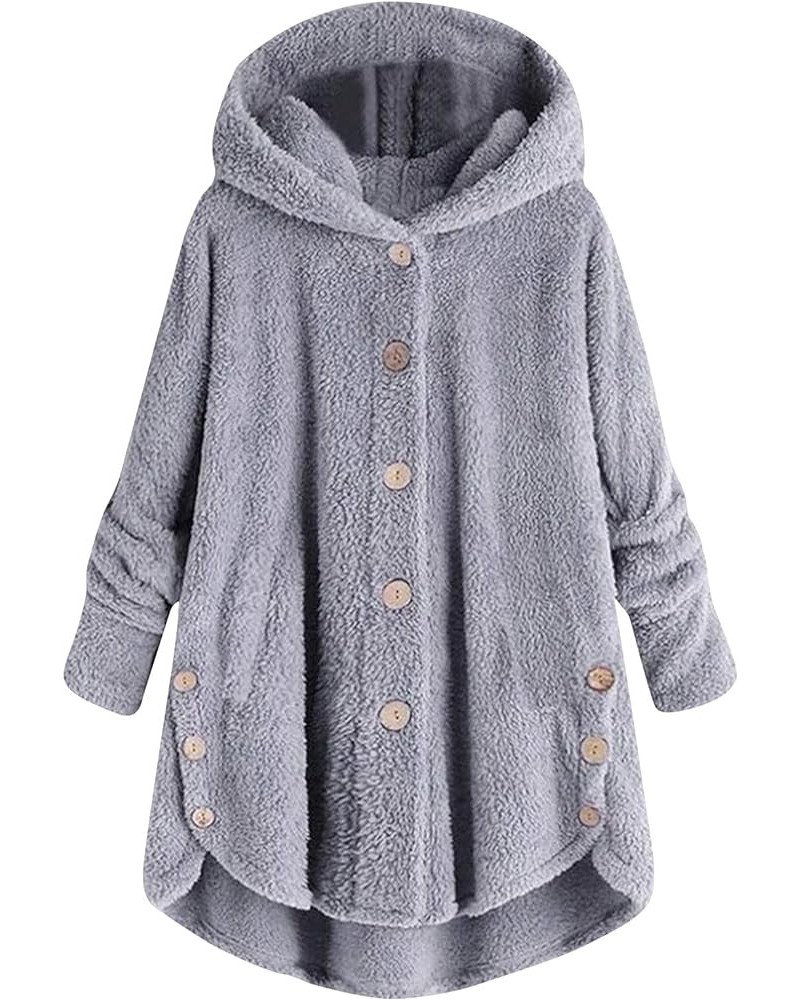 Womens Fall Fashion 2023 Oversized Open Front Hooded Cardigan Teddy Fleece Solid Colour Button Coat Fuzzy Sherpa Jackets 01-g...