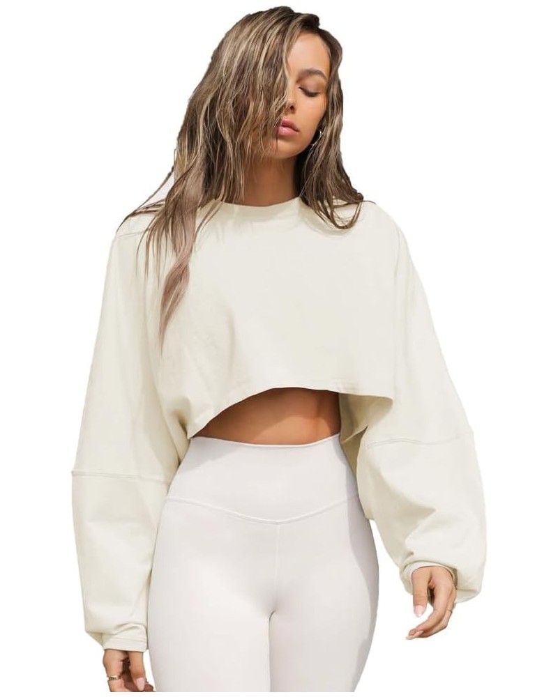 Womens Cropped Sweatshirts Long Sleeve Crop Tops Casual Pullover Hoodies Oversized Apricot $9.66 Hoodies & Sweatshirts