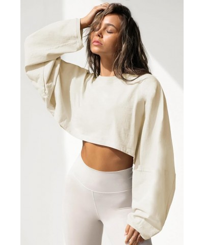 Womens Cropped Sweatshirts Long Sleeve Crop Tops Casual Pullover Hoodies Oversized Apricot $9.66 Hoodies & Sweatshirts