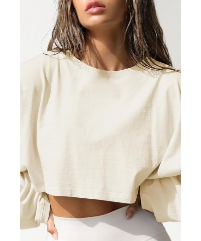 Womens Cropped Sweatshirts Long Sleeve Crop Tops Casual Pullover Hoodies Oversized Apricot $9.66 Hoodies & Sweatshirts