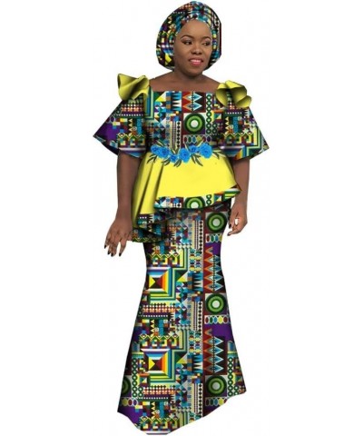 African Skirts and Top Set for Women with Headwrap Short Sleeve Fashion Dashiki Outfits African Party Clothes Evening Gowns C...