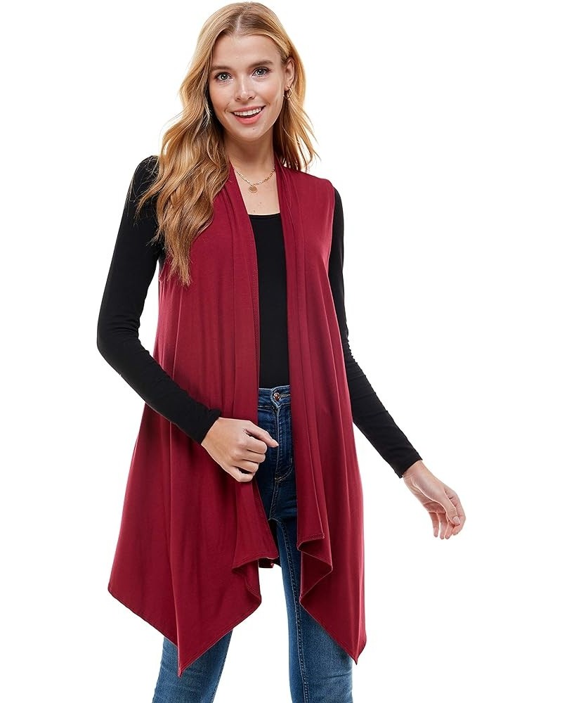 Women's Sleeveless Asymmetric Hem Open Front Cardigan Burgundy $9.24 Sweaters