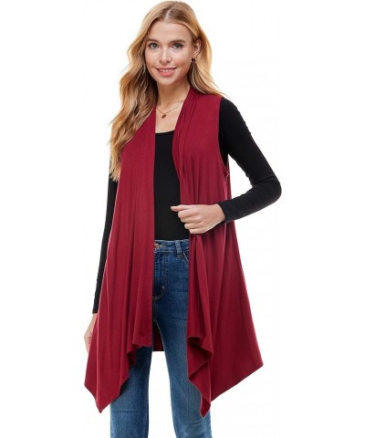 Women's Sleeveless Asymmetric Hem Open Front Cardigan Burgundy $9.24 Sweaters