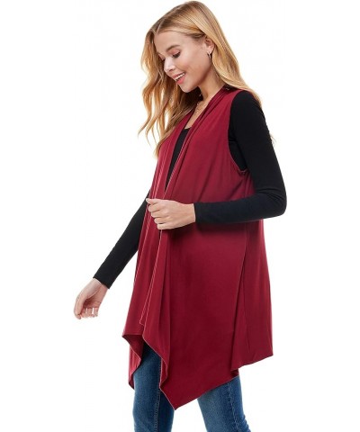 Women's Sleeveless Asymmetric Hem Open Front Cardigan Burgundy $9.24 Sweaters