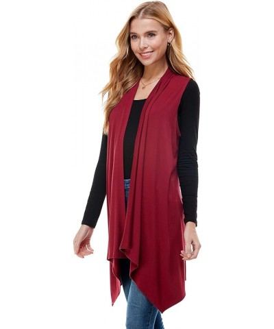 Women's Sleeveless Asymmetric Hem Open Front Cardigan Burgundy $9.24 Sweaters