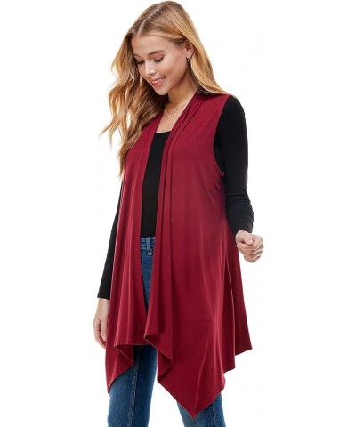 Women's Sleeveless Asymmetric Hem Open Front Cardigan Burgundy $9.24 Sweaters