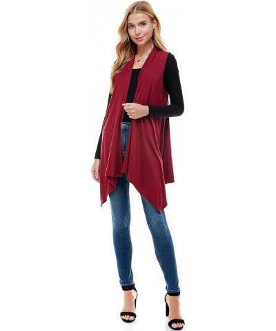 Women's Sleeveless Asymmetric Hem Open Front Cardigan Burgundy $9.24 Sweaters