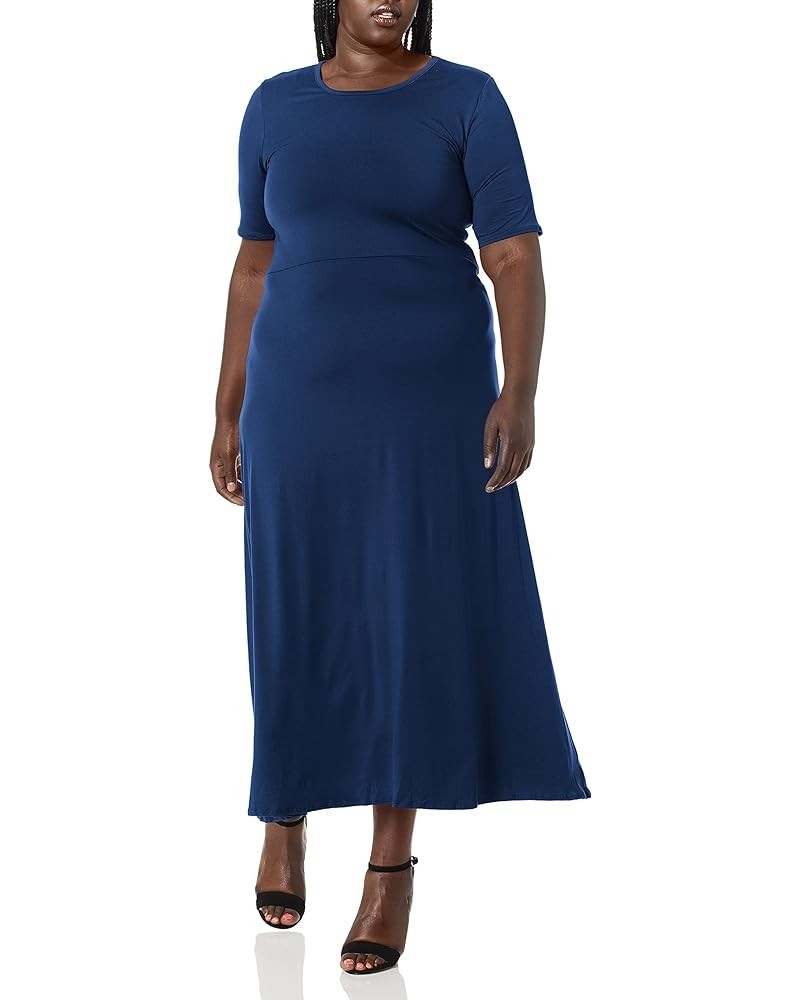 Women's Plus-Size Modest Soft Brushed Knit Elbow Sleeve Maxidress Navy $9.32 Dresses
