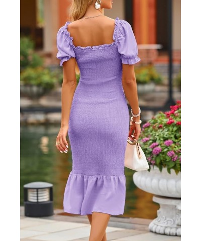 Women's Summer Floral Midi Bodycon Dresses Short Puff Sleeve Square Neck Ruffle Hem Mermaid Cocktail Dress Solid Light Purple...