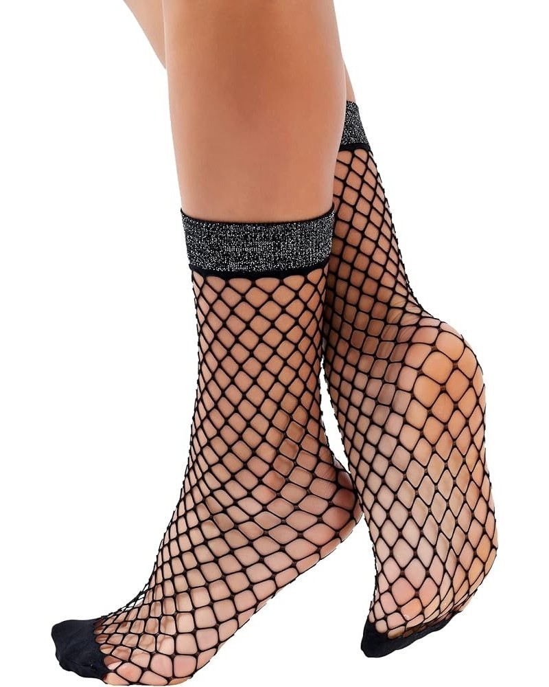 Women's European Black Ankle Fashion Socks in Patterned Fishnet and Vintage Sheer Lace - 20 Denier - Made in Europe Black Fis...