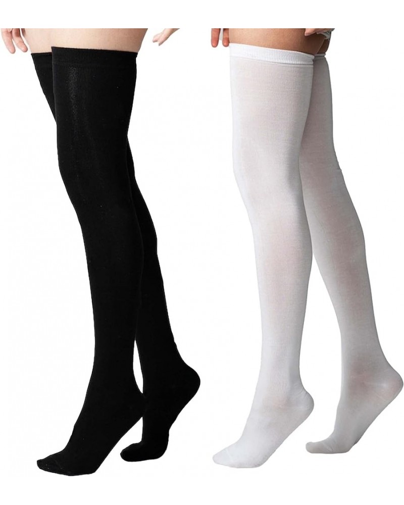 Cotton Extra-Long Thigh High | Lightweight Socks for Women (Small: Shoe Size 6-9) 2-pack Black & White $11.01 Socks