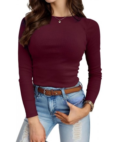 Women's Long Sleeve Stretch Tops Slim Fitted T Shirt Basic Blouse Wine Red $13.24 Tops