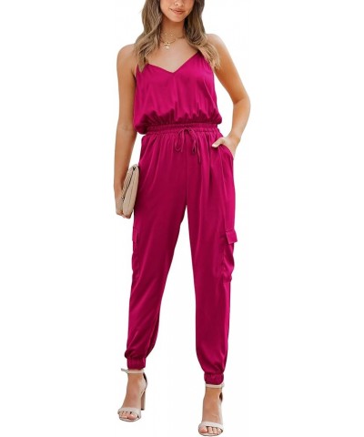 Women's Casual Sleeveless Adjustable Spaghetti Strap Jumpsuits Summer One Piece Outfits Satin Long Pants Rompers Solid Rose R...