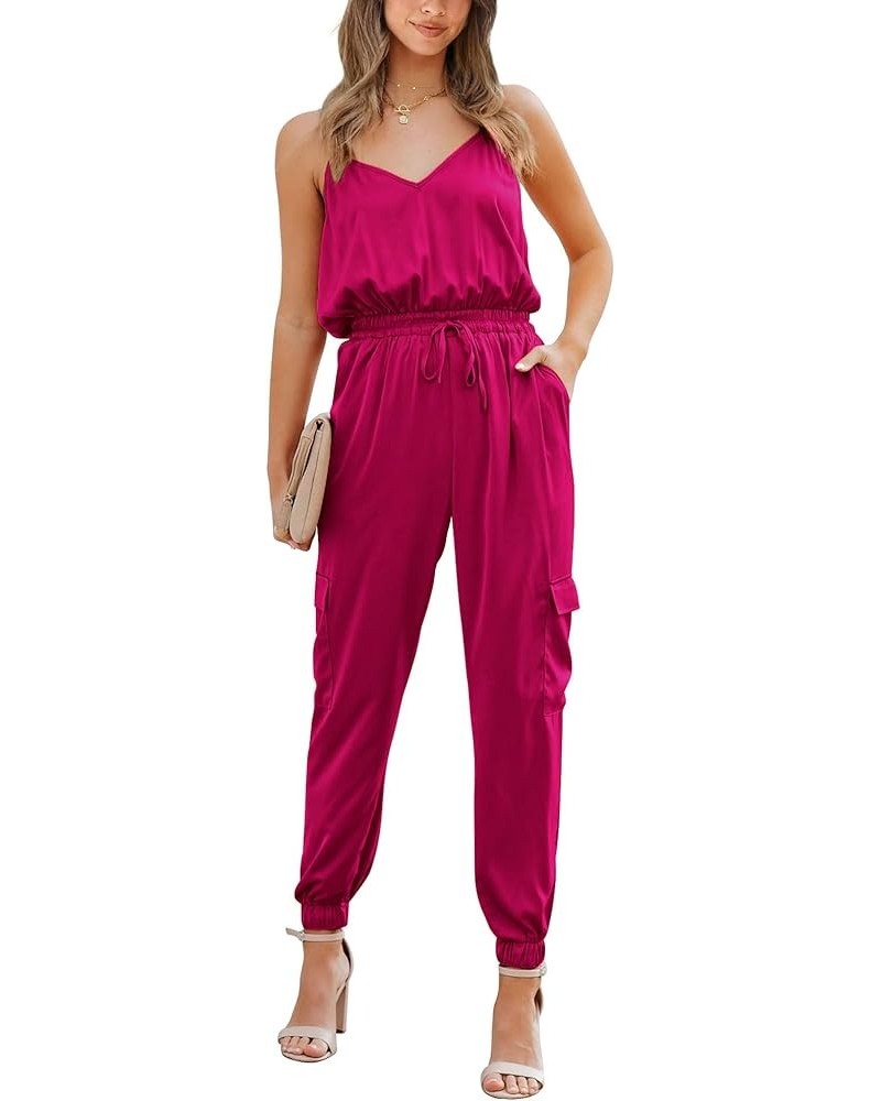 Women's Casual Sleeveless Adjustable Spaghetti Strap Jumpsuits Summer One Piece Outfits Satin Long Pants Rompers Solid Rose R...