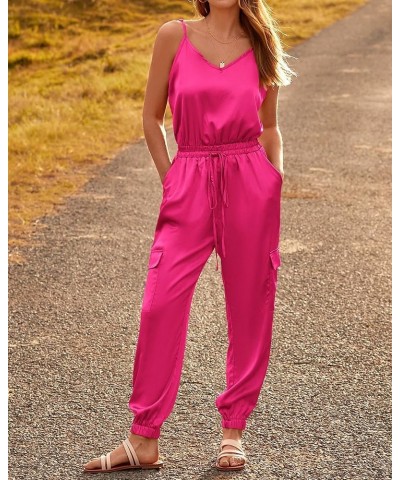 Women's Casual Sleeveless Adjustable Spaghetti Strap Jumpsuits Summer One Piece Outfits Satin Long Pants Rompers Solid Rose R...