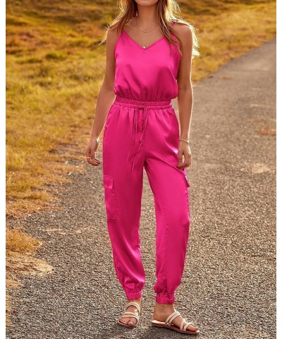 Women's Casual Sleeveless Adjustable Spaghetti Strap Jumpsuits Summer One Piece Outfits Satin Long Pants Rompers Solid Rose R...