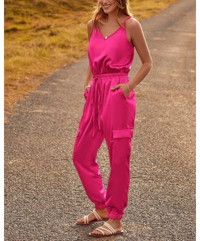 Women's Casual Sleeveless Adjustable Spaghetti Strap Jumpsuits Summer One Piece Outfits Satin Long Pants Rompers Solid Rose R...