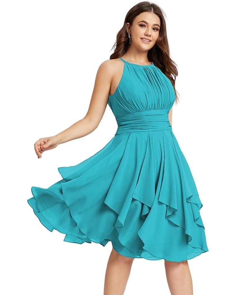 Halter Short Bridesmaid Dresses 2024 A Line Ruffle Pleated Summer Formal Dresses with Pockets for Women Wedding TN051 Aqua Bl...